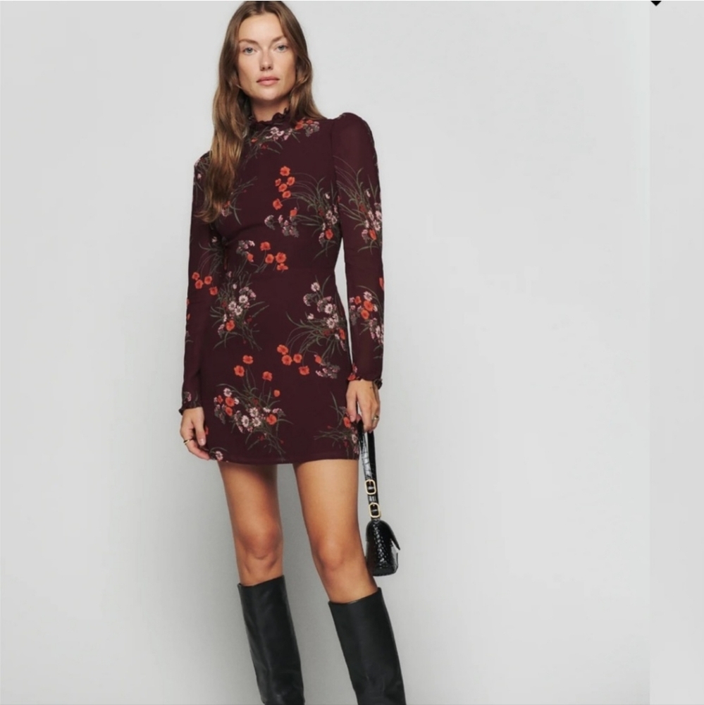 Reformation Lewis Floral Long Sleeve Dress in Burgundy
